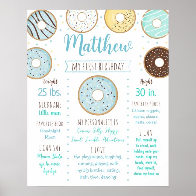 Doughnut Sprinkles Blue First Birthday Milestone Poster (Front)