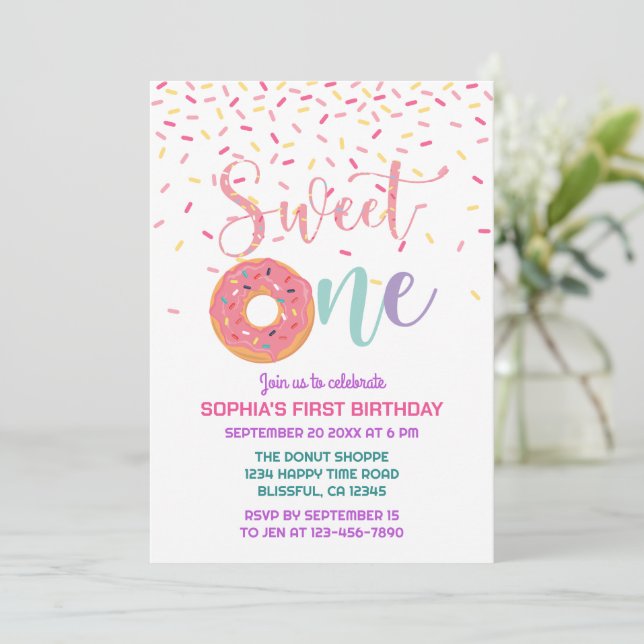 Doughnut & Sprinkles Sweet One 1st Birthday Invitation (Standing Front)
