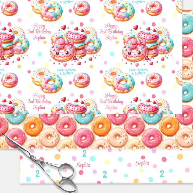 Doughnut Sweet Colourful Pink Girl Birthday Name Wrapping Paper Sheet (Donut Sweet Colorful Pink Girl Birthday Name Wrapping Paper Sheets)