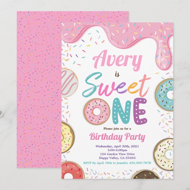 Doughnut Sweet One 1st Birthday Party Pink Pastel Invitation (Front/Back)