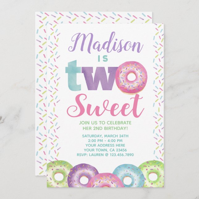 Doughnut, Sweet One, 2nd birthday Invitation (Front/Back)