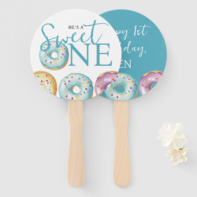 Doughnut Sweet One Blue 1st Birthday Party Hand Fan (Front and Back)