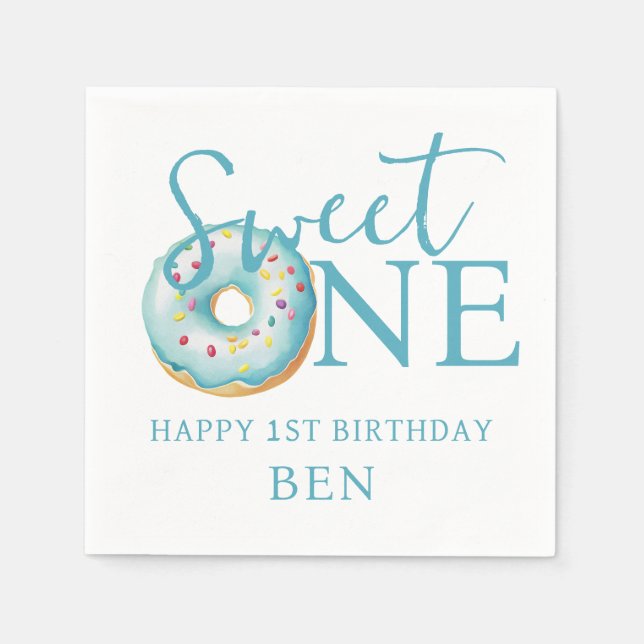 Doughnut Sweet One Blue 1st Birthday Party  Napkin (Front)