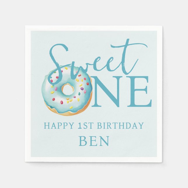 Doughnut Sweet One Blue 1st Birthday Party  Napkin (Front)