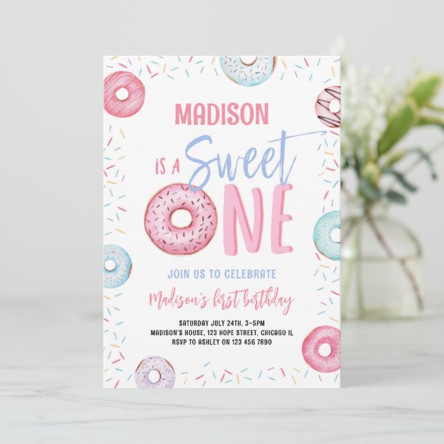 Doughnut Sweet One Pastel Pink Girl First Birthday Invitation (Standing Front)