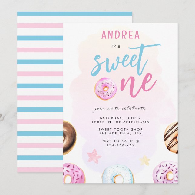 Doughnut Sweet One Pink and Blue Girl First Birthd Invitation (Front/Back)