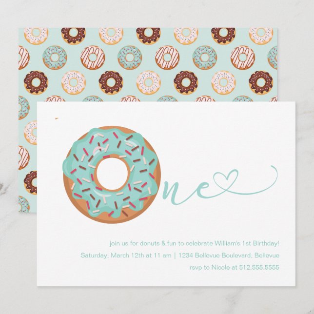 Doughnut Teal Blue & Sprinkles 1st Birthday Invitation (Front/Back)