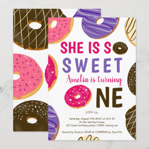 Doughnut turning one fun cute watercolor 1st birth invitation