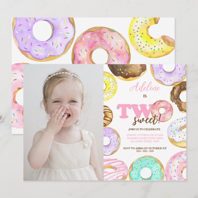 Doughnut Two Sweet 2nd Birthday Girl Cute Party Invitation (Front/Back)