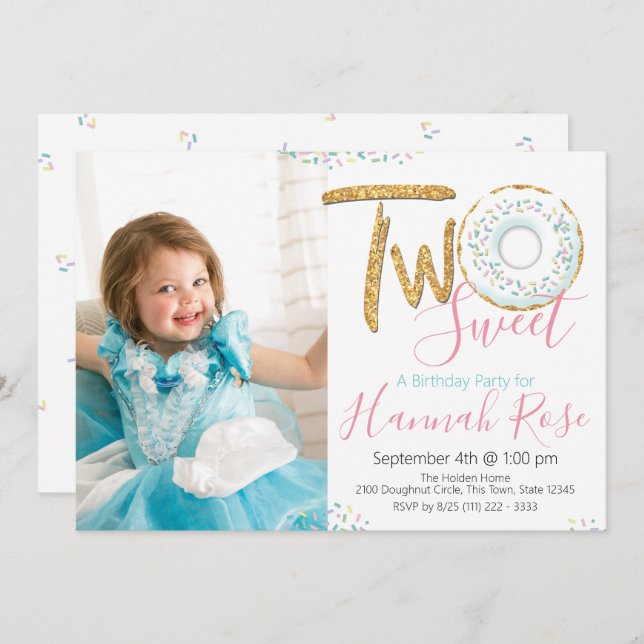 Doughnut Two Sweet 2nd Birthday Party Photo Invitation (Front/Back)