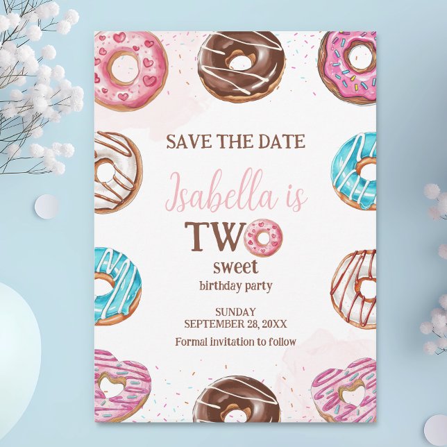 Doughnut Two Sweet Girl Sprinkles 2nd Birthday Save The Date (Creator Uploaded)