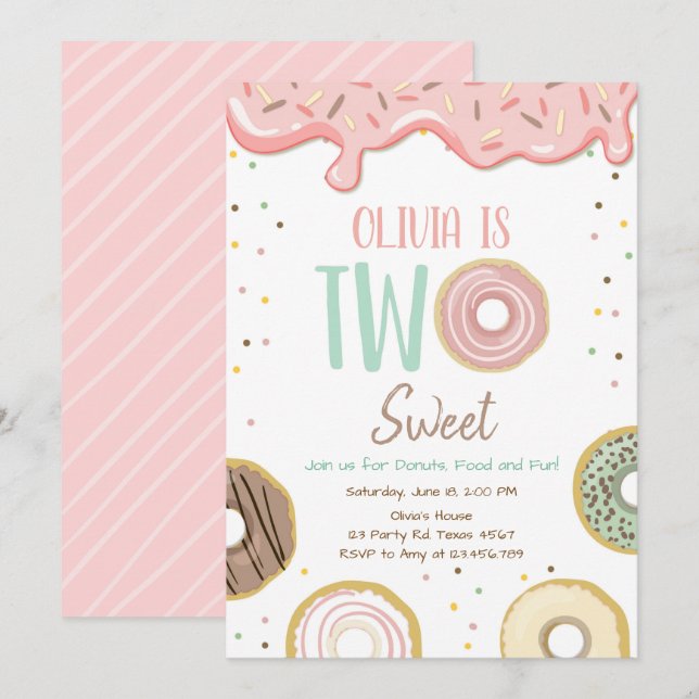 Doughnut Two Sweet Pink Doughnut Girl Birthday Par Invitation (Front/Back)