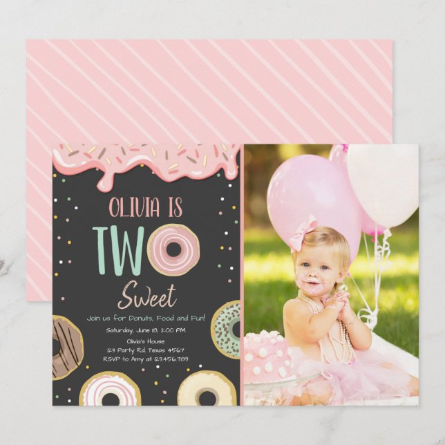Doughnut Two Sweet Pink Doughnut Girl Birthday Par Invitation (Front/Back)