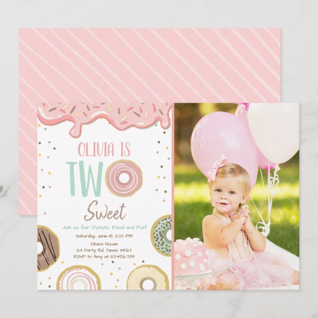 Doughnut Two Sweet Pink Doughnut Girl Birthday Par Invitation (Front/Back)