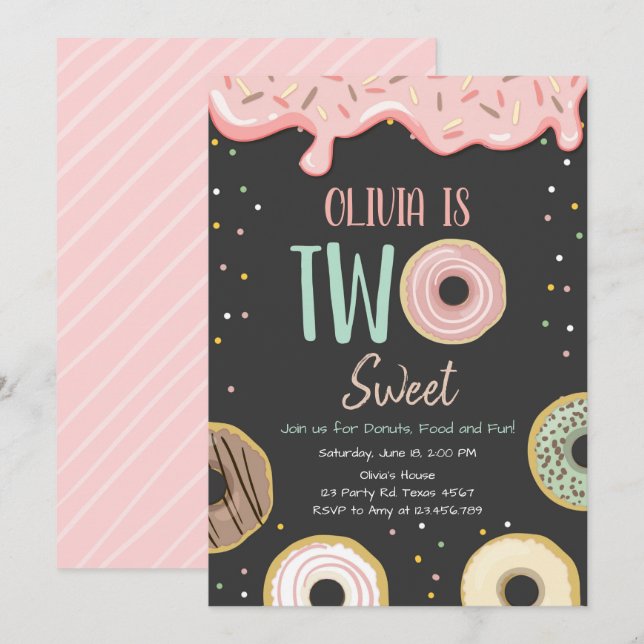 Doughnut Two Sweet Pink Doughnut Girl Birthday Par Invitation (Front/Back)