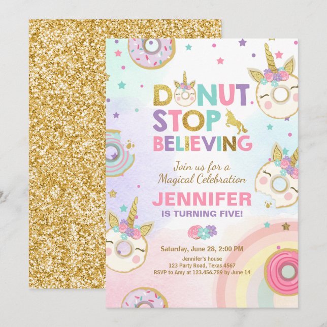 Doughnut Unicorn Birthday Invitation Pink Gold Gir (Front/Back)