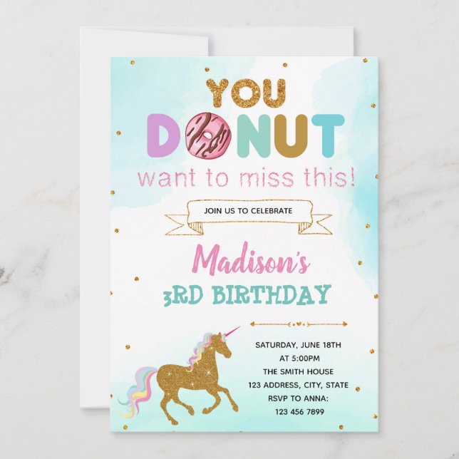 Doughnut unicorn birthday party invitation (Front)