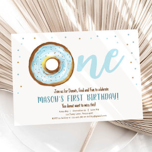 Doughnut Watercolor Sweet One Boy First Birthday Invitation
