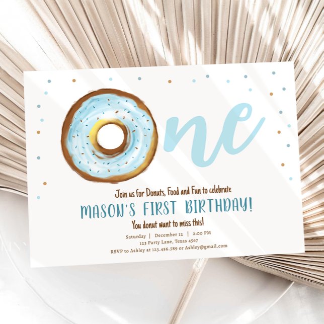 Doughnut Watercolor Sweet One Boy First Birthday Invitation (Creator Uploaded)