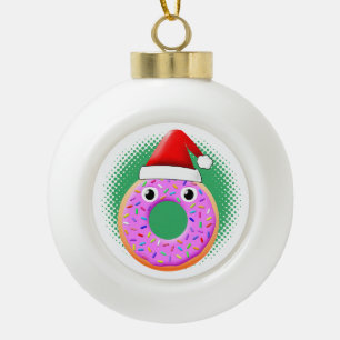 Doughnut With Eyes And Sprinkles Santas Hat Drawin Ceramic Ball Christmas Ornament