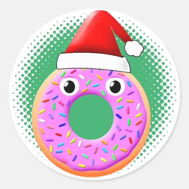 Doughnut With Eyes And Sprinkles Santas Hat Drawin Classic Round Sticker (Front)