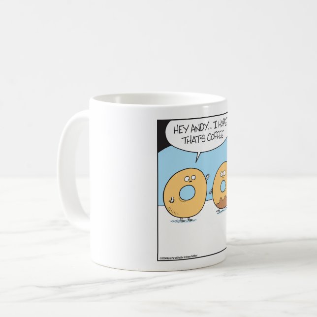 Doughnut wonders if coffee dripped.  coffee mug (Front Left)