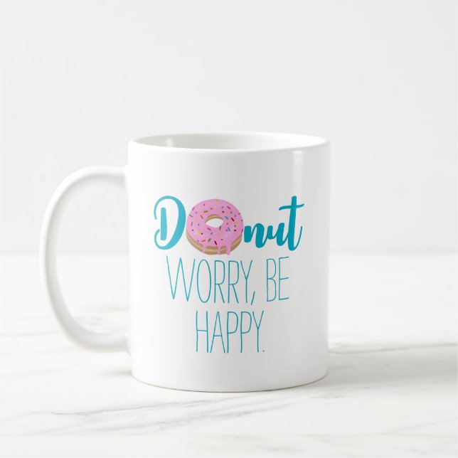 Doughnut Worry Be Happy Blue Text Coffee Mug (Left)