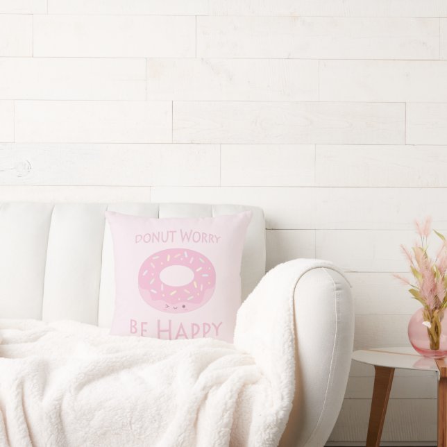 Doughnut Worry Be Happy Cute Pink Doughnut Food Hu Cushion (Couch)