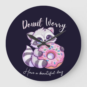 Doughnut Worry Cute Kawaii Racoon  Large Clock