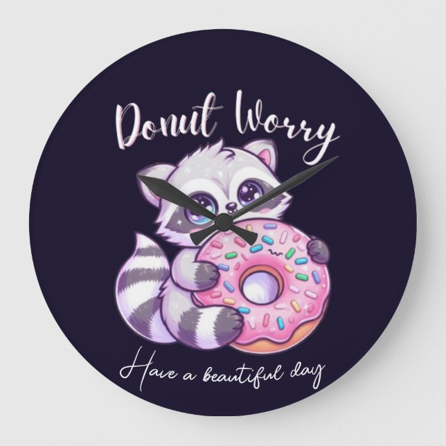 Doughnut Worry Cute Kawaii Racoon  Large Clock (Front)