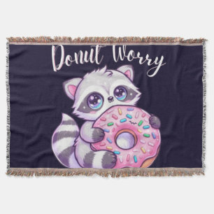Doughnut Worry Cute Kawaii Racoon Throw Blanket