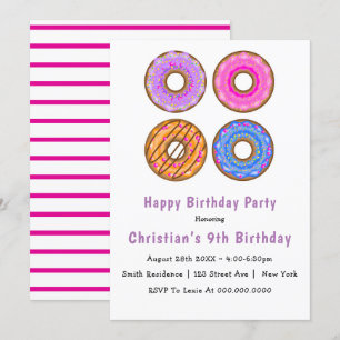 Doughnuts 9th Birthday Party Invitations