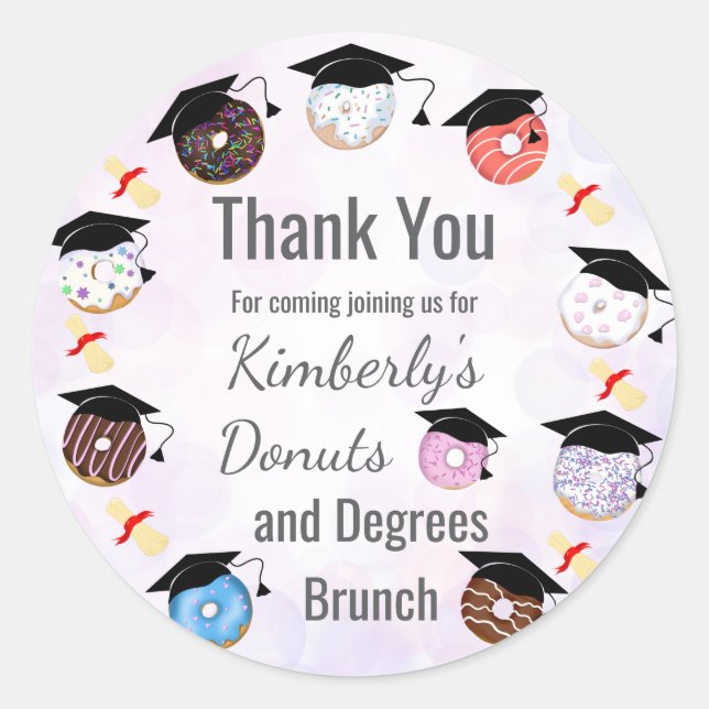 Doughnuts and Degrees Graduation Brunch Thank You Classic Round Sticker (Front)