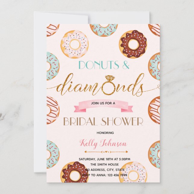 Doughnuts and diamond bridal shower party card (Front)