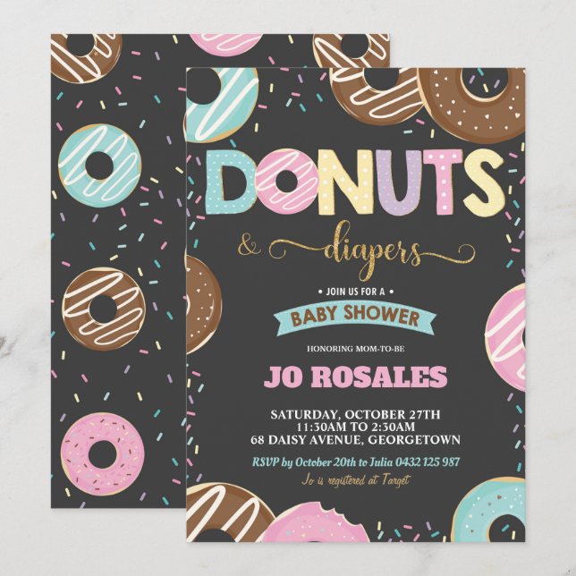 Doughnuts and Diapers Baby Girl Shower Doughnut Invitation (Front/Back)