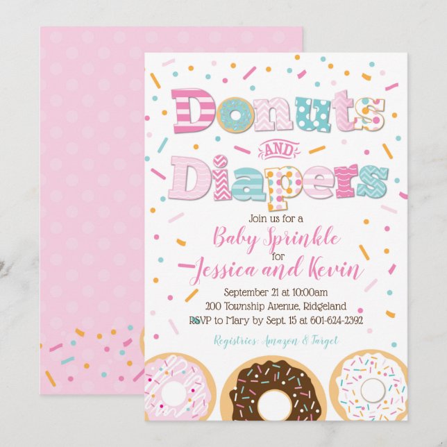 Doughnuts and Diapers Baby Girl Sprinkle or Shower Invitation (Front/Back)