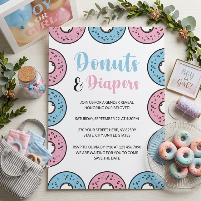 Doughnuts and Diapers Gender Reveal Invitation (Creator Uploaded)