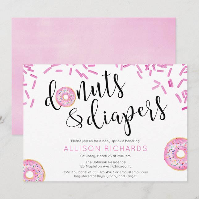 Doughnuts and diapers girl baby sprinkle invitation (Front/Back)