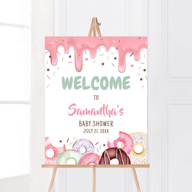 Doughnuts and Diapers Sprinkle Welcome Poster (Pink Donuts Girl Baby Shower Welcome Sign)