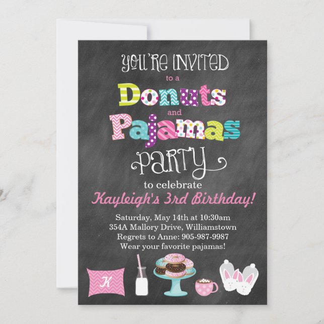 Doughnuts and Pyjamas Chalkboard Style Invitation (Front)