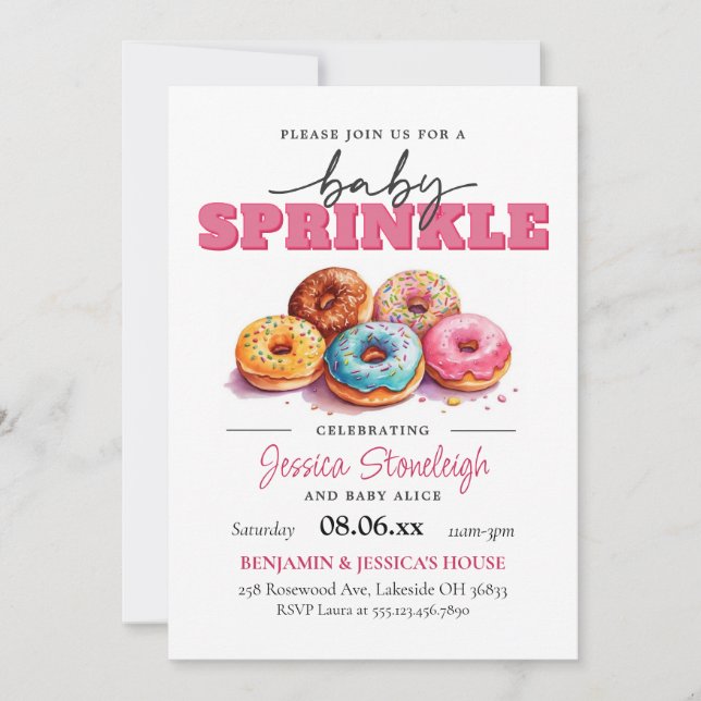 Doughnuts Baby Sprinkle Pink Baby Girl Invitation (Front)