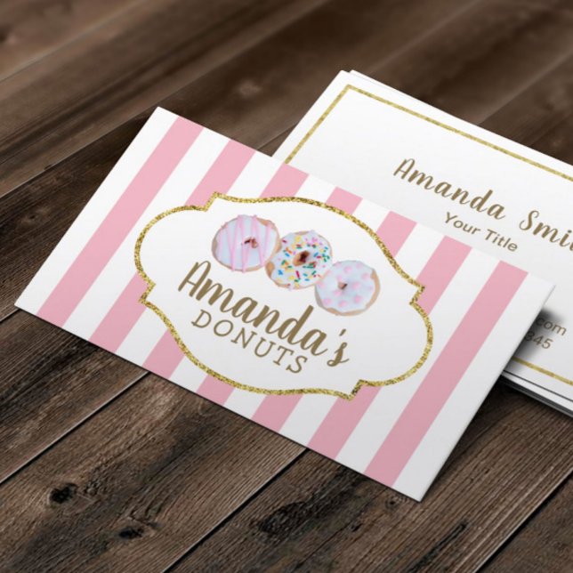 Doughnuts Cupcake Bakery Pastry Chef Pink Stripes Business Card (Creator Uploaded)