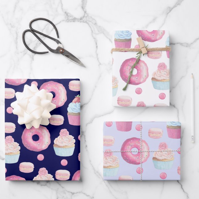Doughnuts, cupcakes and macarons wrapping paper sheet (Front)