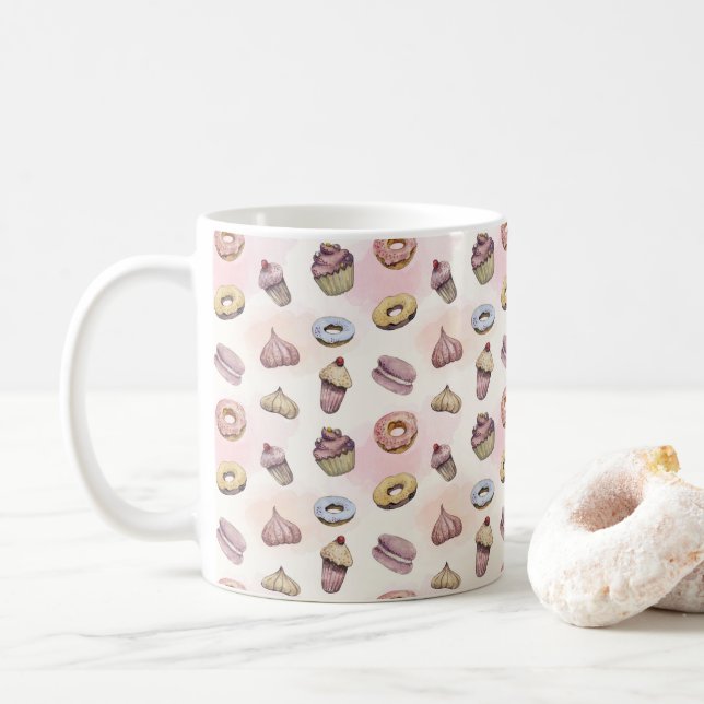 Doughnuts Cupcakes Cute Trendy Woodland Watercolor Coffee Mug (With Donut)