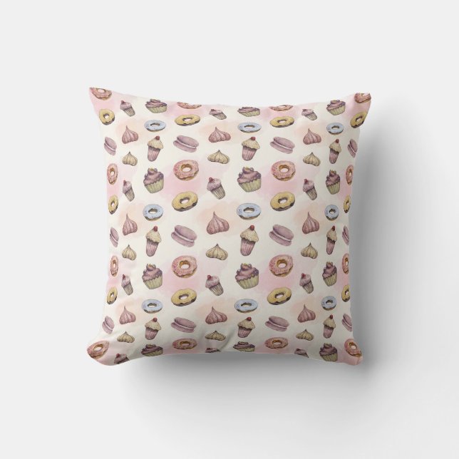 Doughnuts Cupcakes Pink Watercolor Whimsical Trend Cushion (Front)