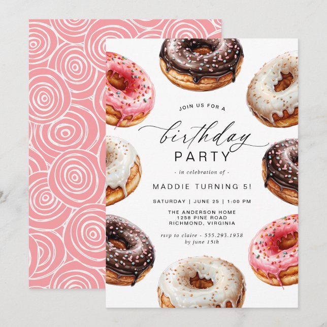Doughnuts | Cute Dessert Theme Girl's Birthday Par Invitation (Front/Back)