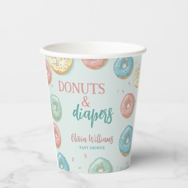 Doughnuts & Diapers Cute Mint Green Baby Shower Paper Cups (Front)