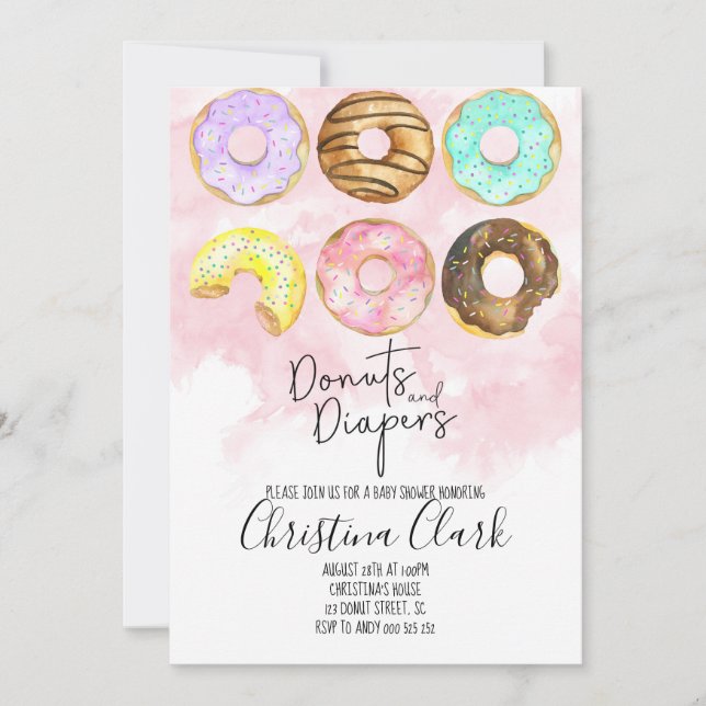 Doughnuts & Diapers Pink Doughnut Baby Shower Invitation (Front)