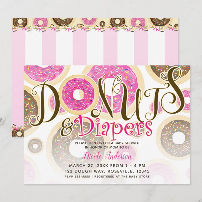 Doughnuts & Diapers Pink Sprinkles Baby Shower Invitation (Front/Back)