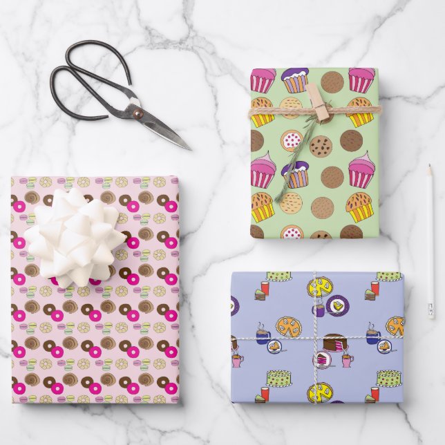 Doughnuts, doughnuts, cakes, pies, cupcakes wrapping paper sheet (Front)